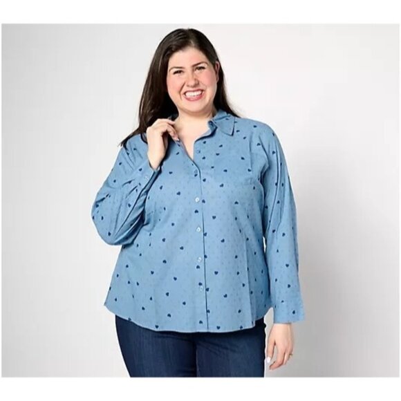 Denim and Co Valentines Clip Dot Button Front Shirt Med Denim Blue Womens Small - Picture 1 of 6